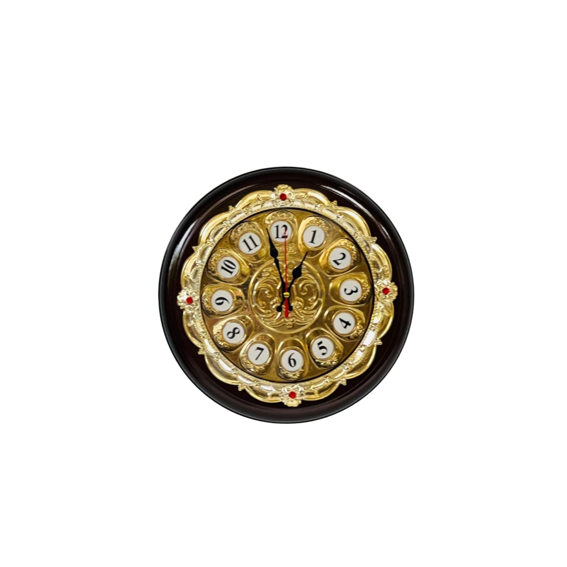Decorative wall clock with gold and black design on a white background
