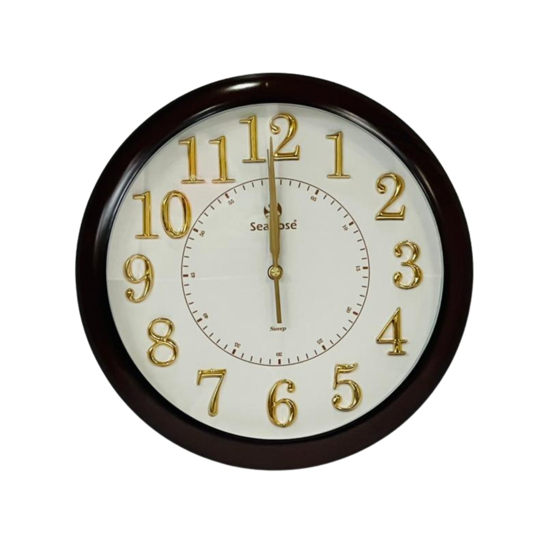 Round wall clock with gold numbers and a dark brown frame on a white background