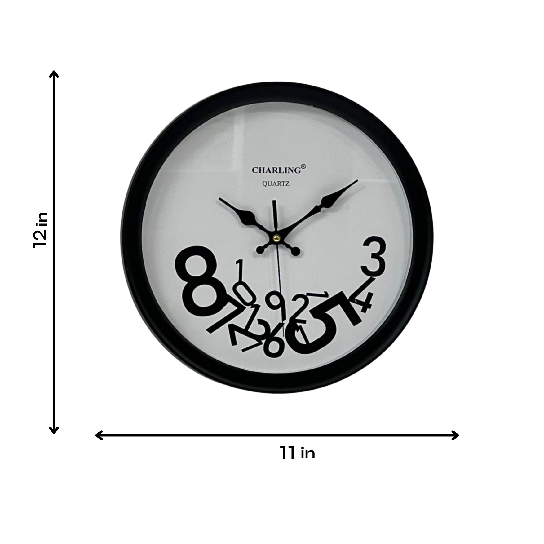 Wall clock with dimensions on a white background