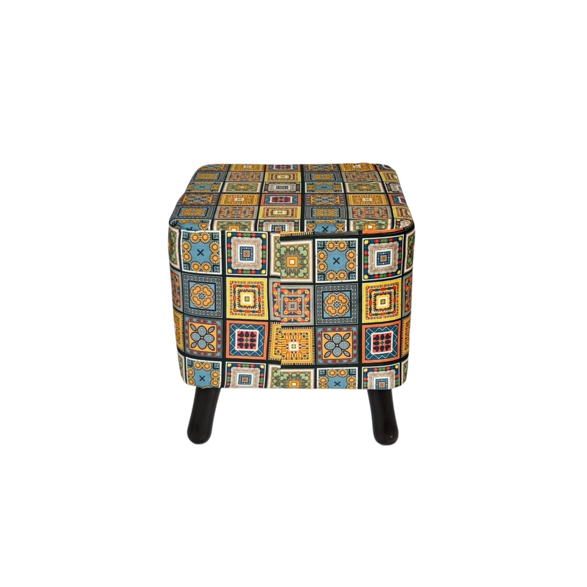 Patterned ottoman with black legs on a white background