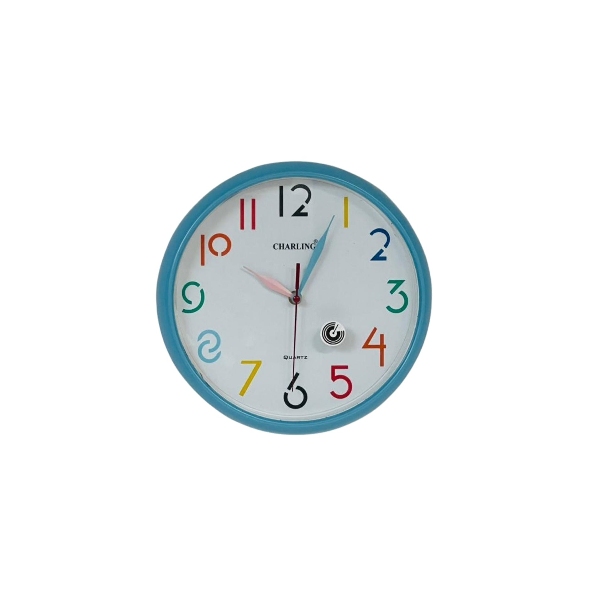 Colorful wall clock with blue frame on a white background