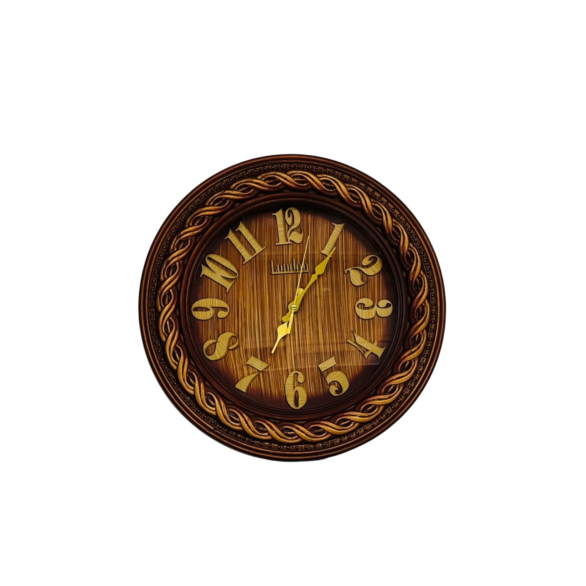 Wooden wall clock with decorative border on a white background