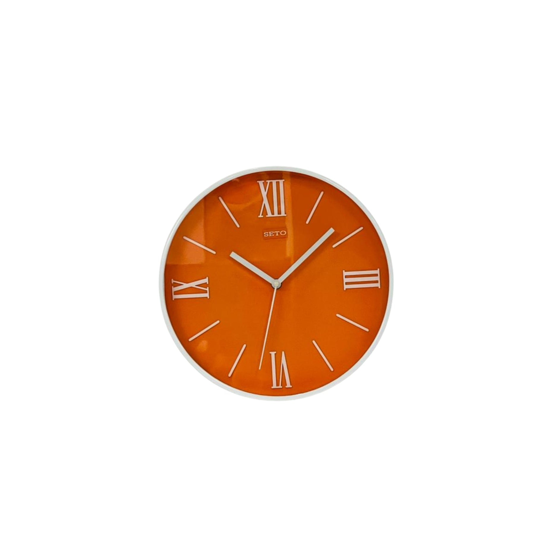Orange wall clock with Roman numerals on a white background