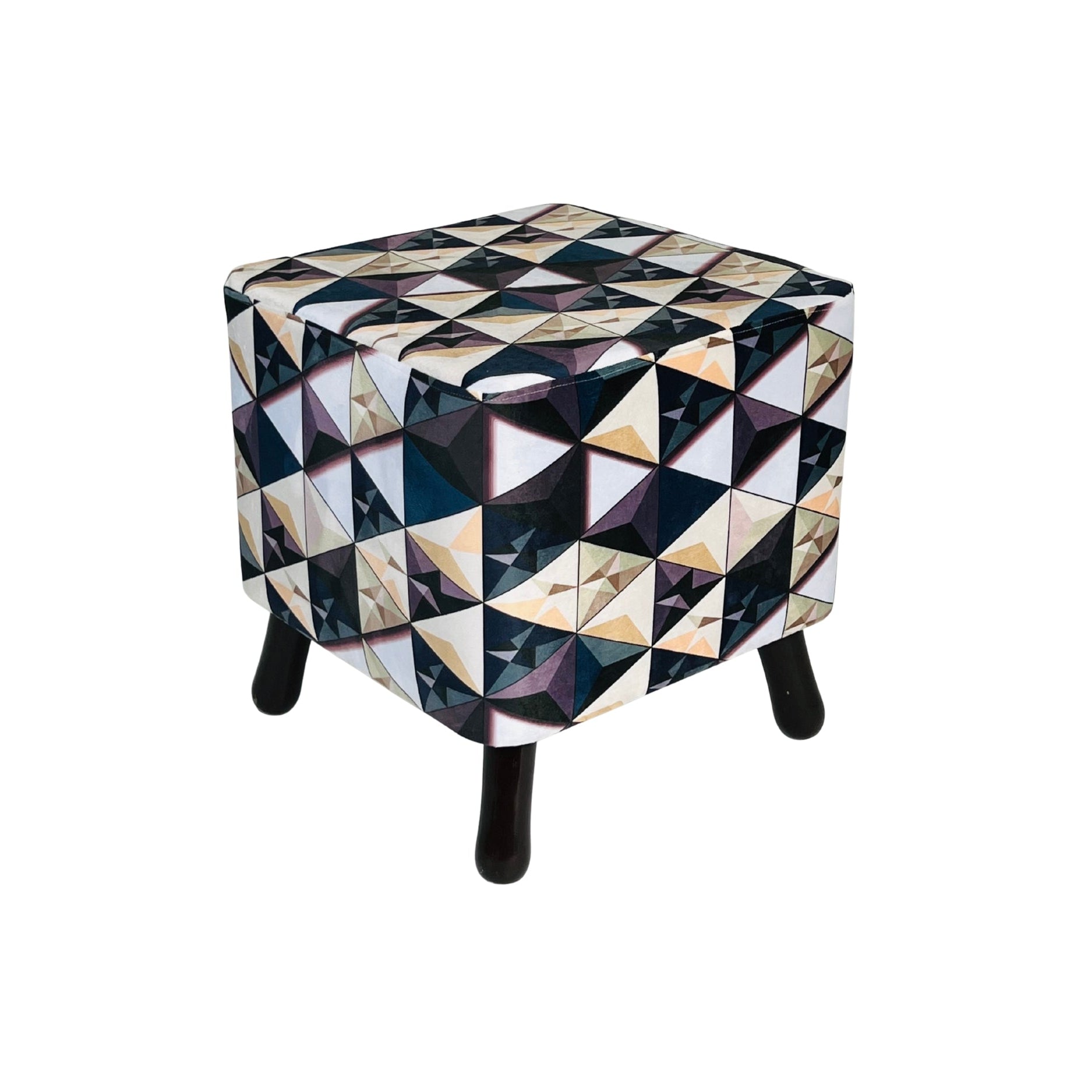 Cube-shaped ottoman with geometric pattern on a white background
