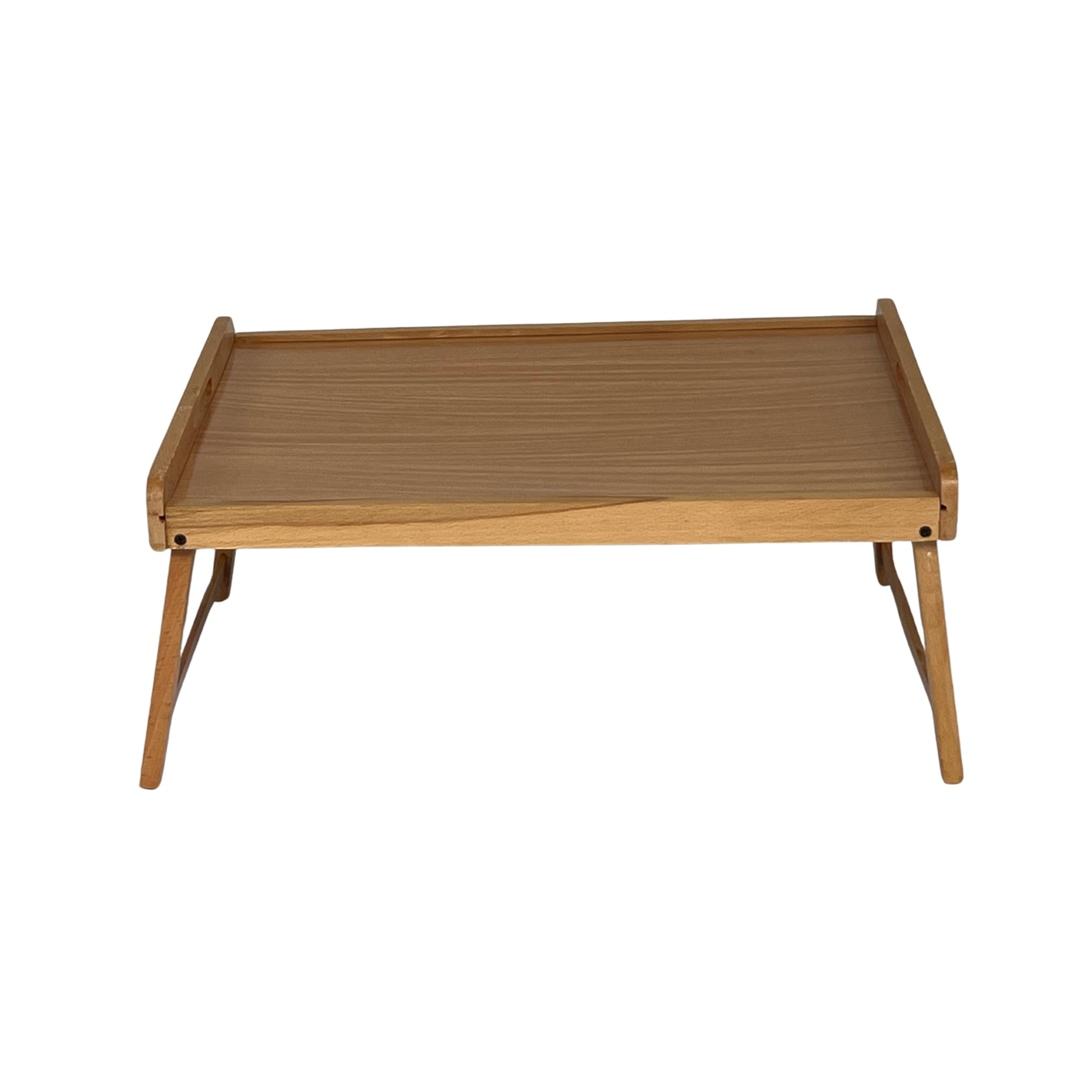 Wooden tray table with a woven top on a white background