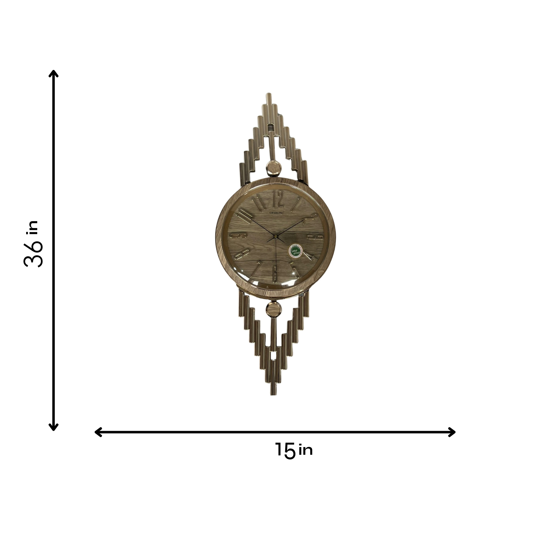 Decorative wall clock with dimensions on a white background