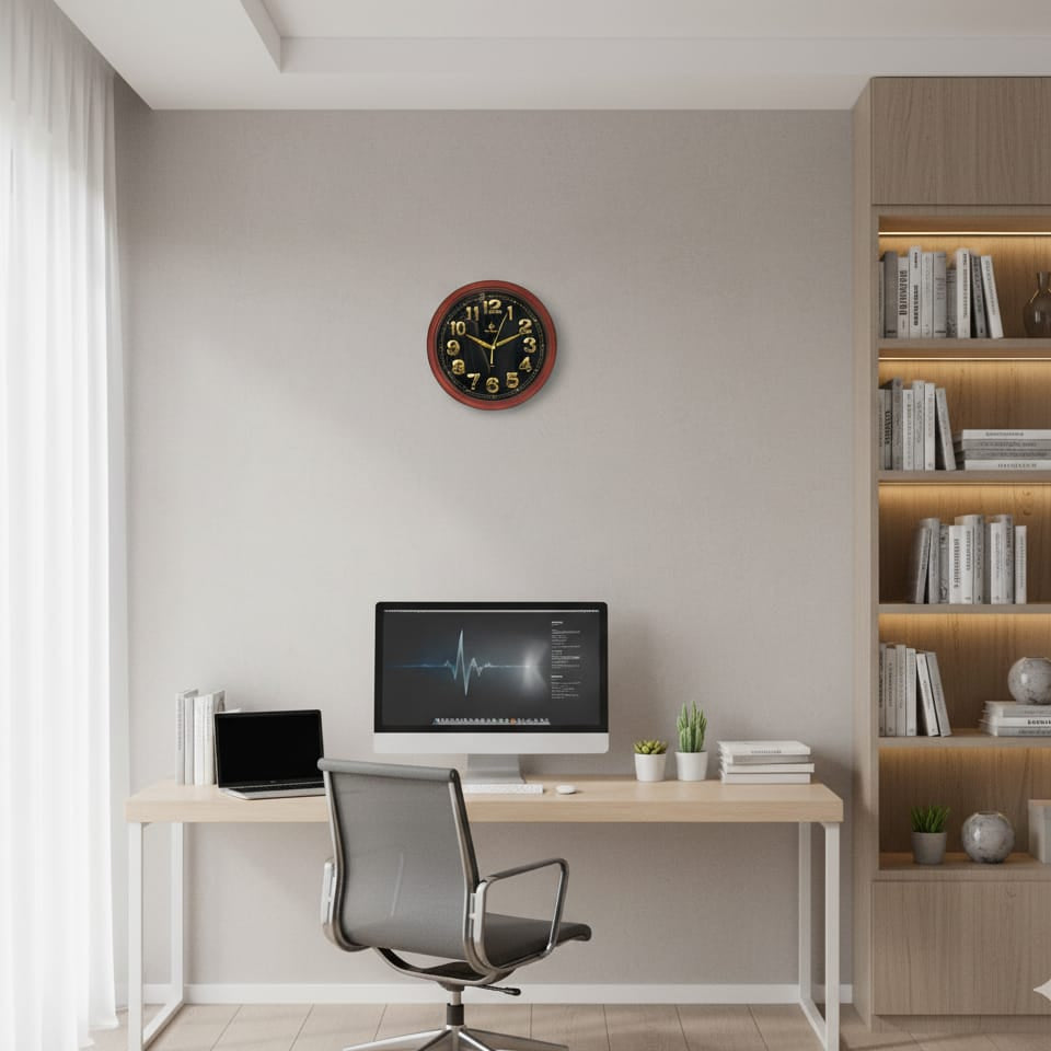 Modern home office with a desk, chair, computer monitor, and wall clock.