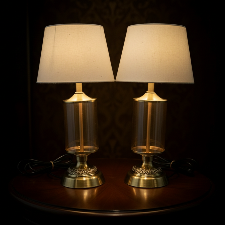 Two table lamps with beige shades on a dark background