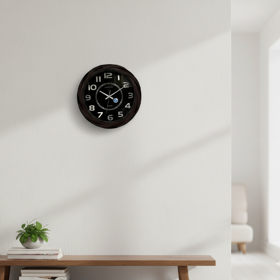 Black wall clock on a white wall with a wooden table and plant in the foreground