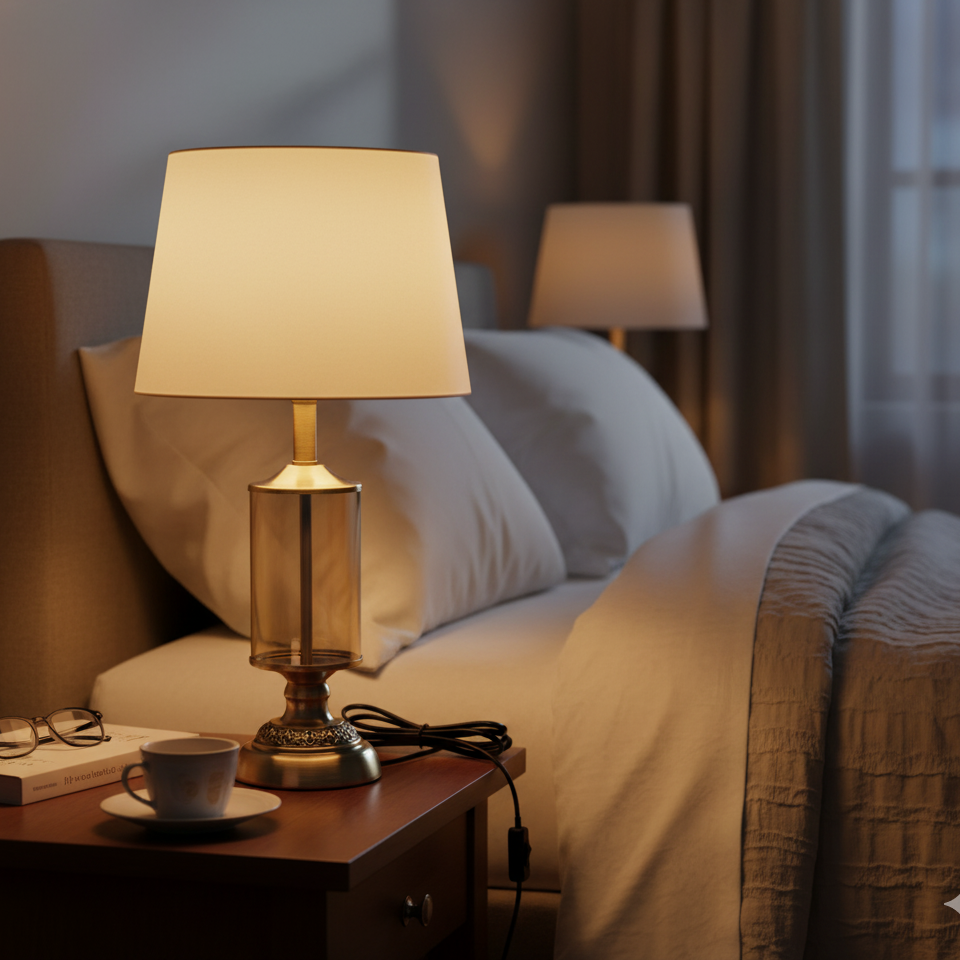 Lamp on a nightstand next to a bed with a cup and saucer