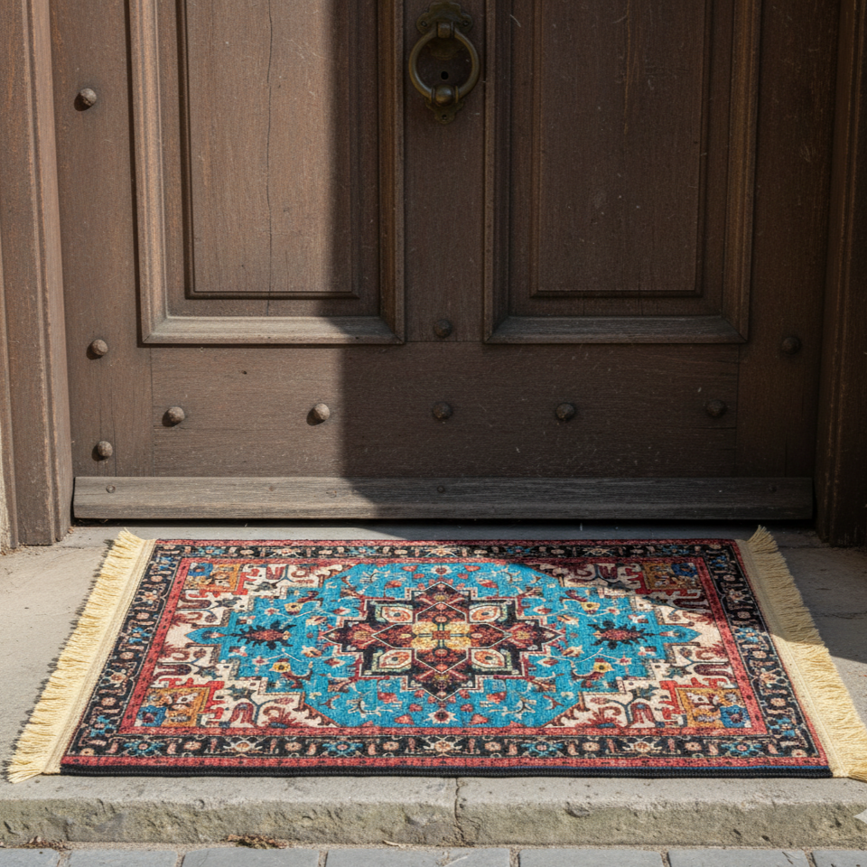 Decorative doormat with intricate patterns in front of a wooden door