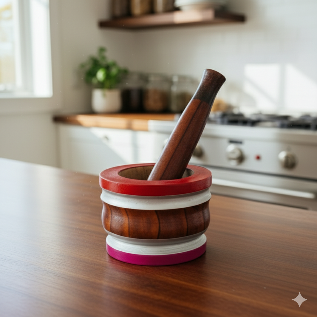 Wooden mortar and pestle on a kitchen counter with a blurred background