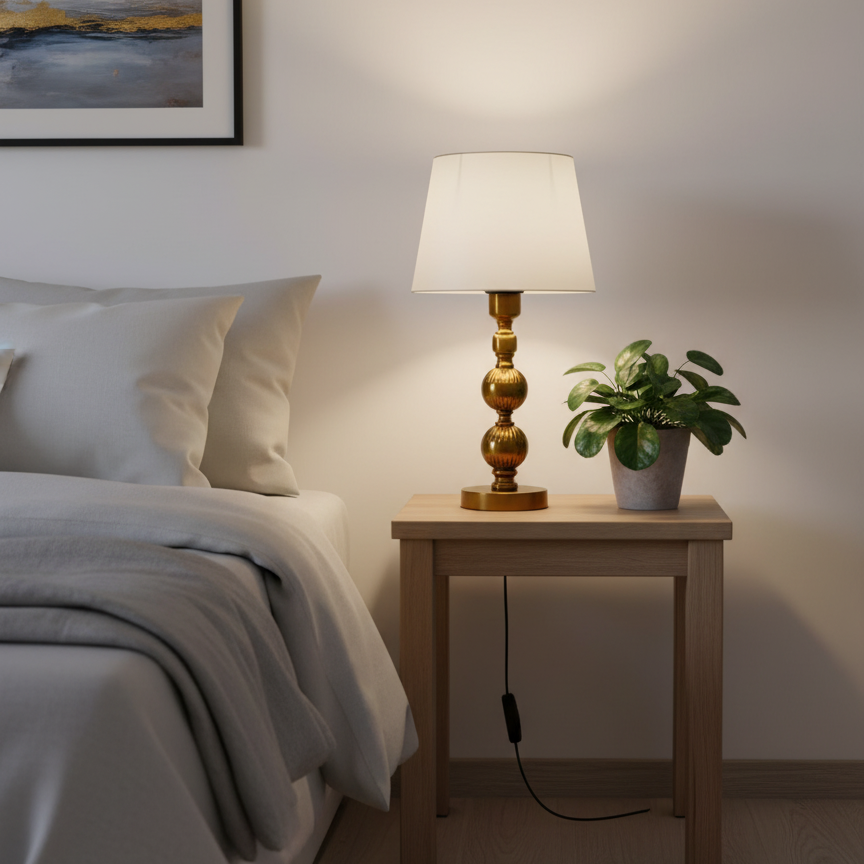 Bedroom with a nightstand featuring a lamp and plant, framed artwork on the wall.