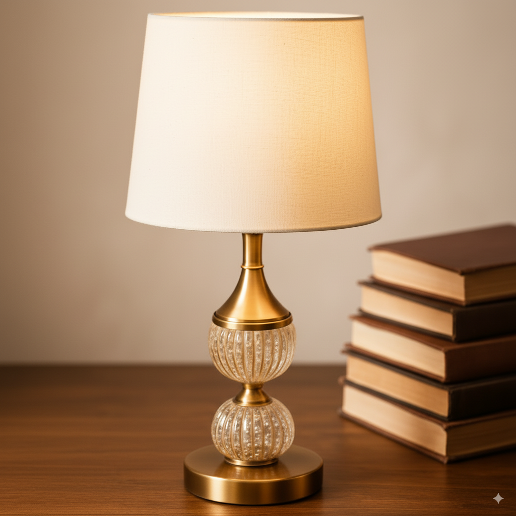 Table lamp with a gold base and white shade on a wooden surface next to books.