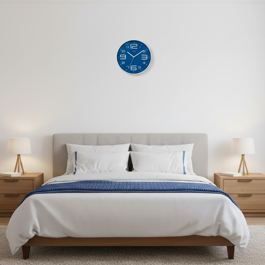 Bedroom with a bed, nightstands, and a blue wall clock.