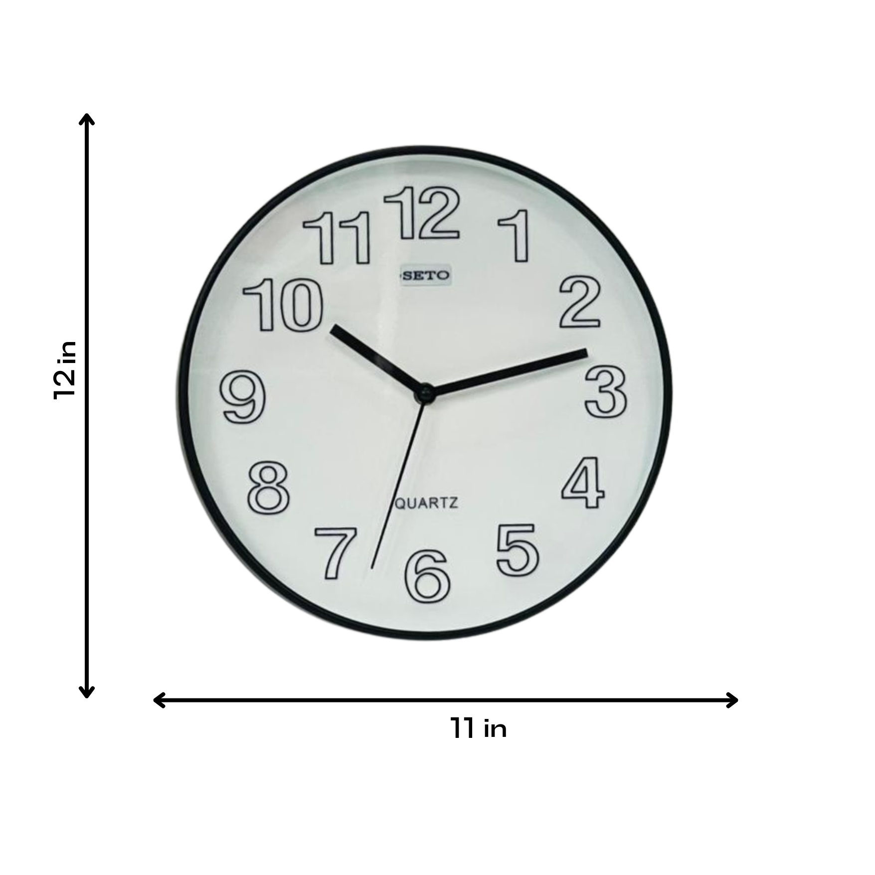 Wall clock with dimensions labeled on a white background