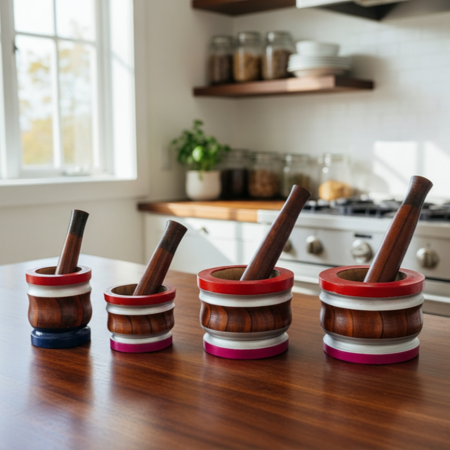 Four wooden mortars and pestles on a kitchen counter with a blurred background.
