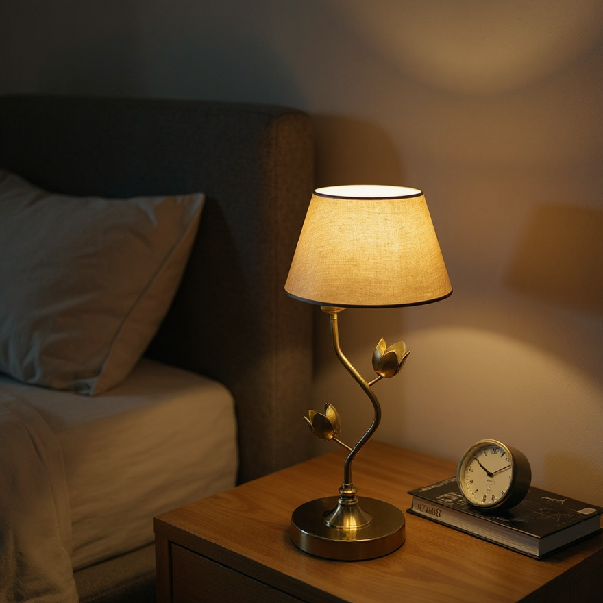Lamp on a nightstand next to a bed in a dimly lit room