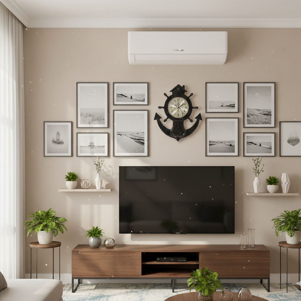 Modern living room with a television, decorative wall clock, and framed pictures.