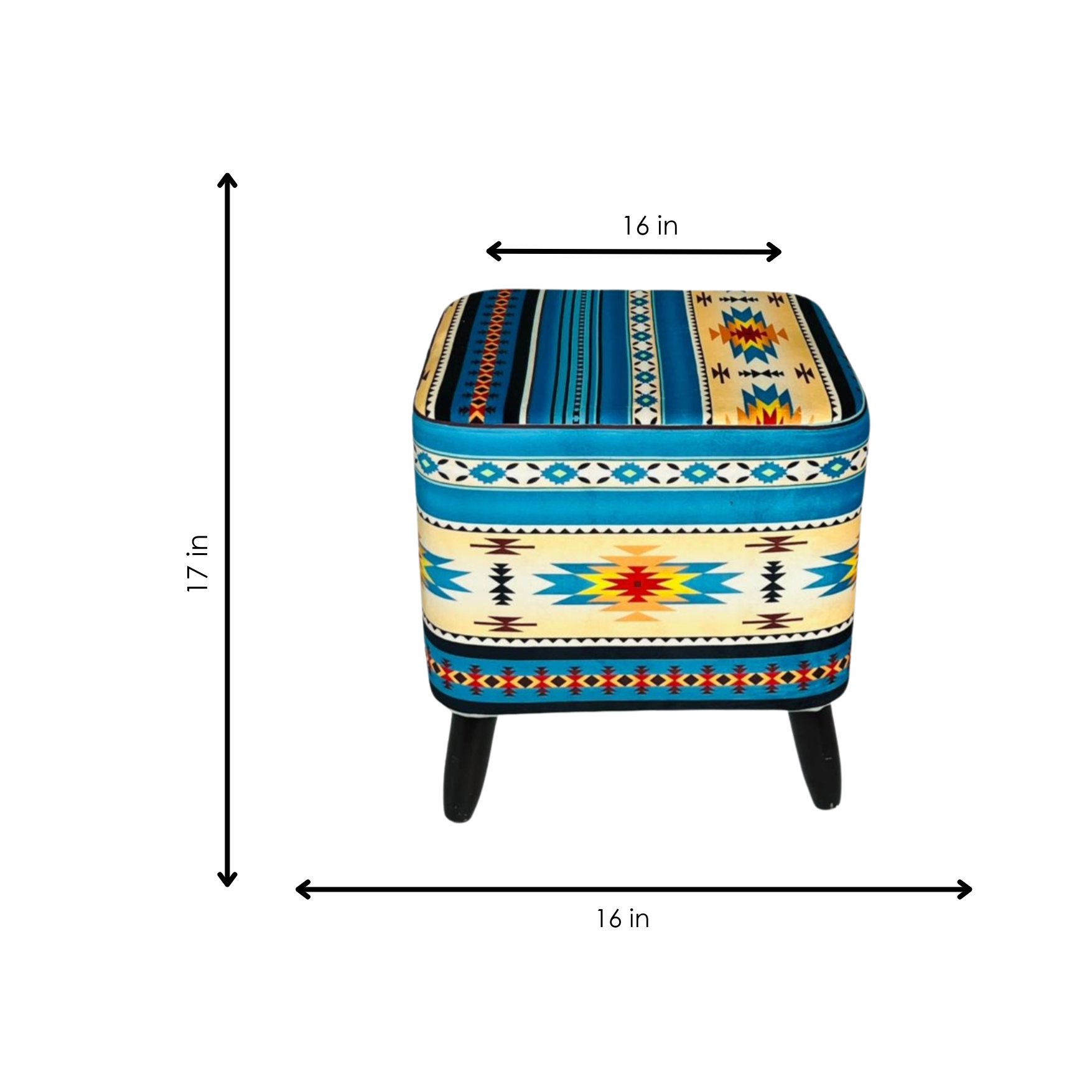 Colorful patterned ottoman with dimensions on a white background