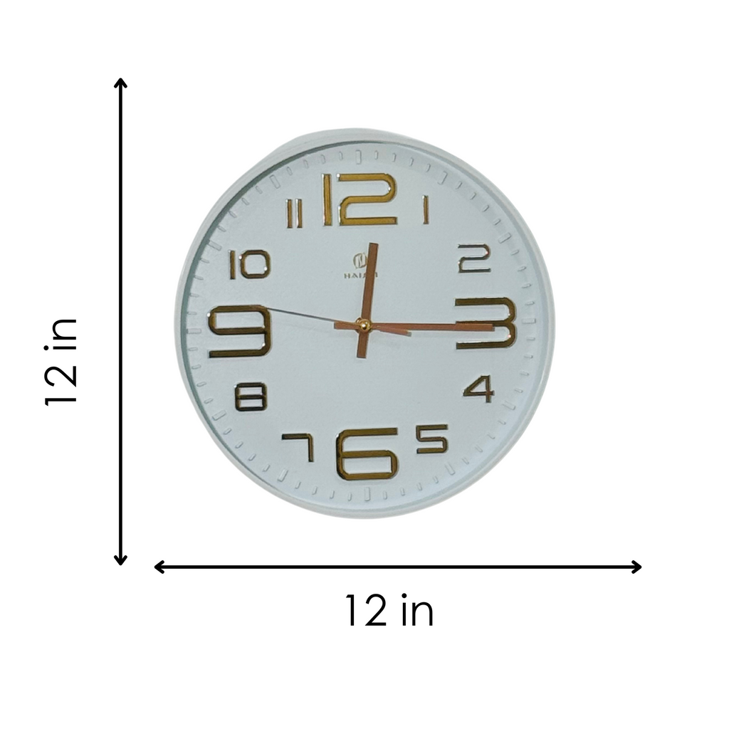 Wall clock with dimensions labeled on a white background