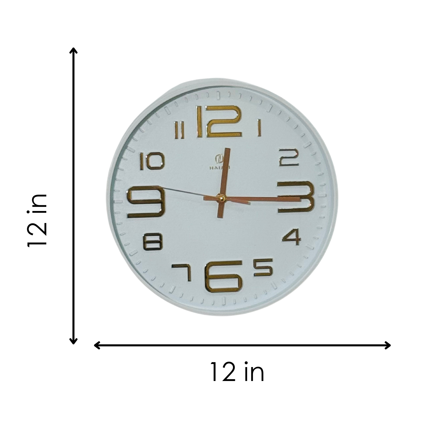 Wall clock with dimensions labeled on a white background