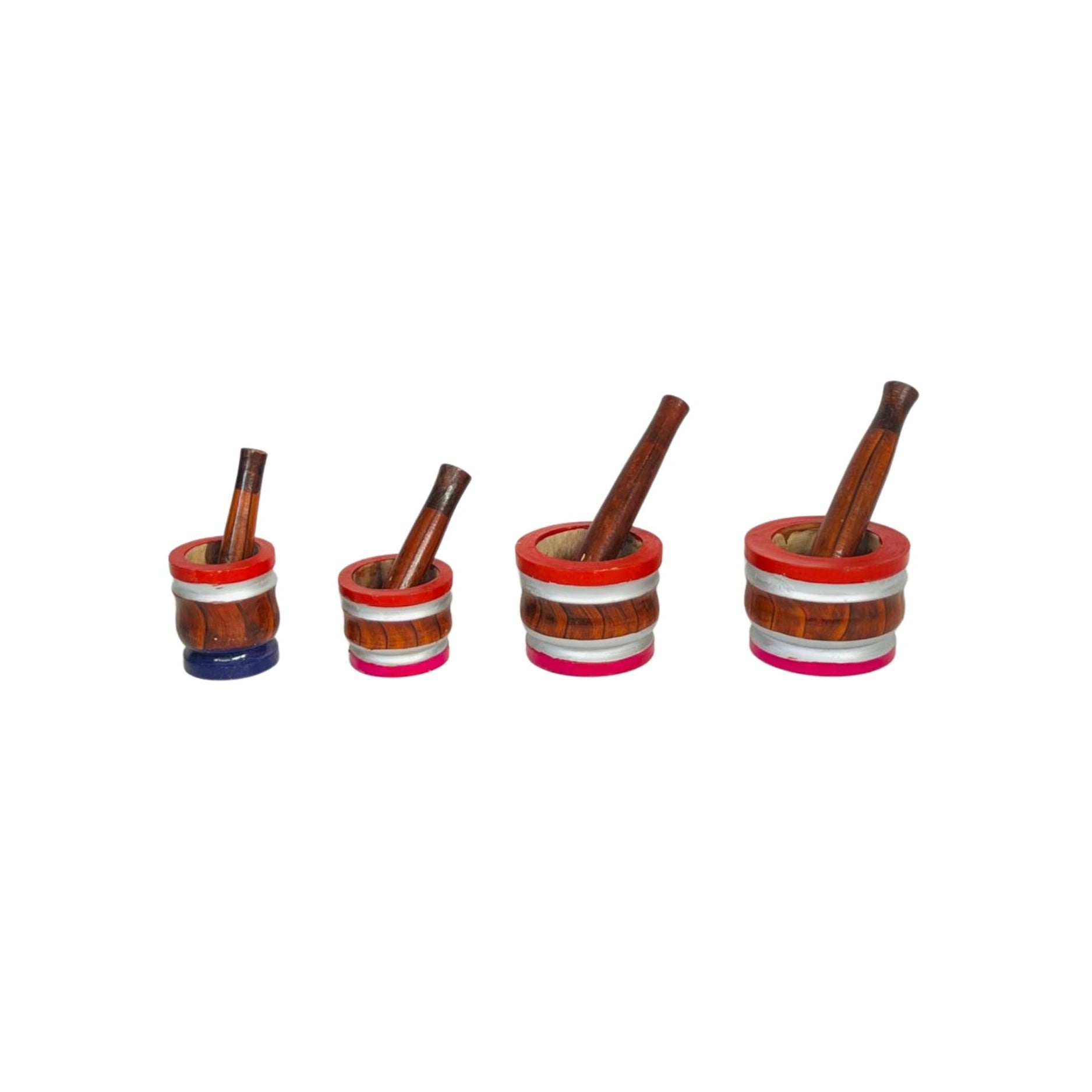 Four wooden mortars and pestles with colorful bases on a white background