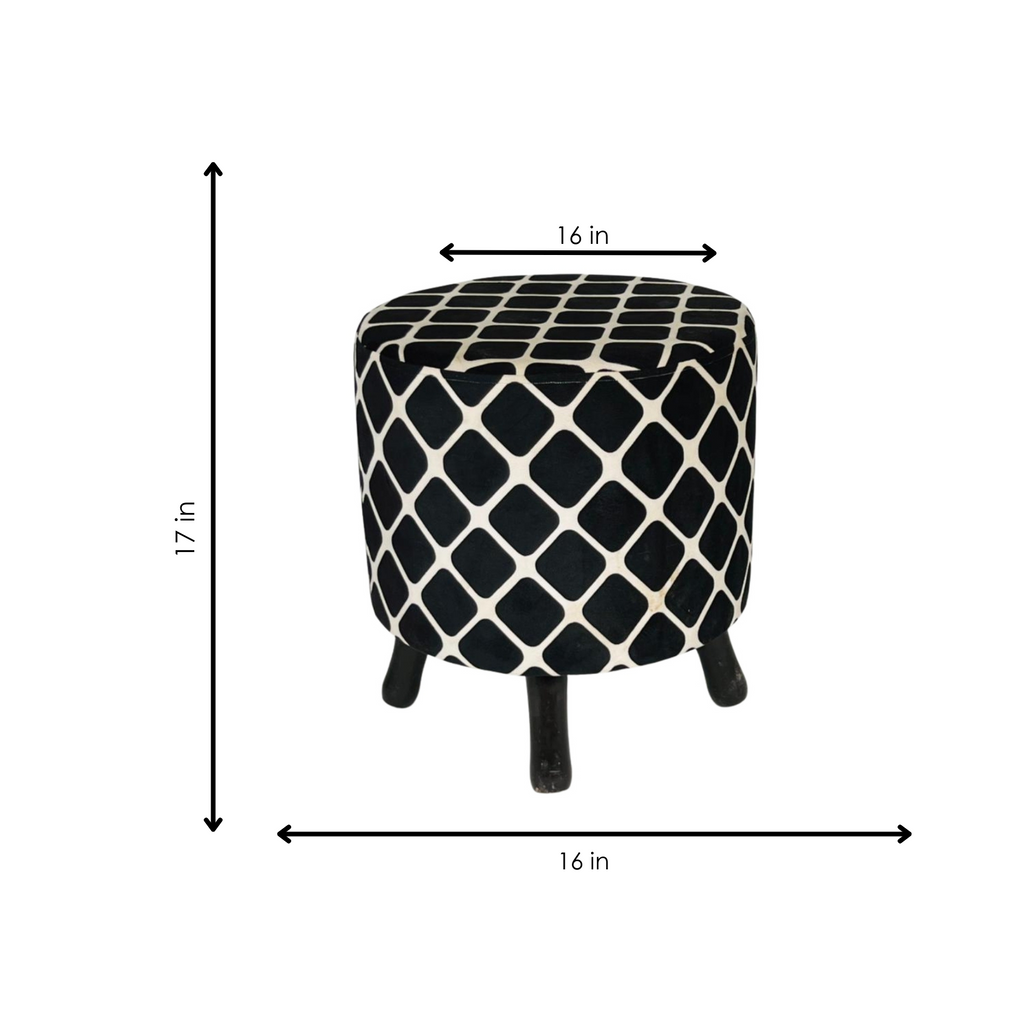Black and white patterned stool with dimensions on a white background