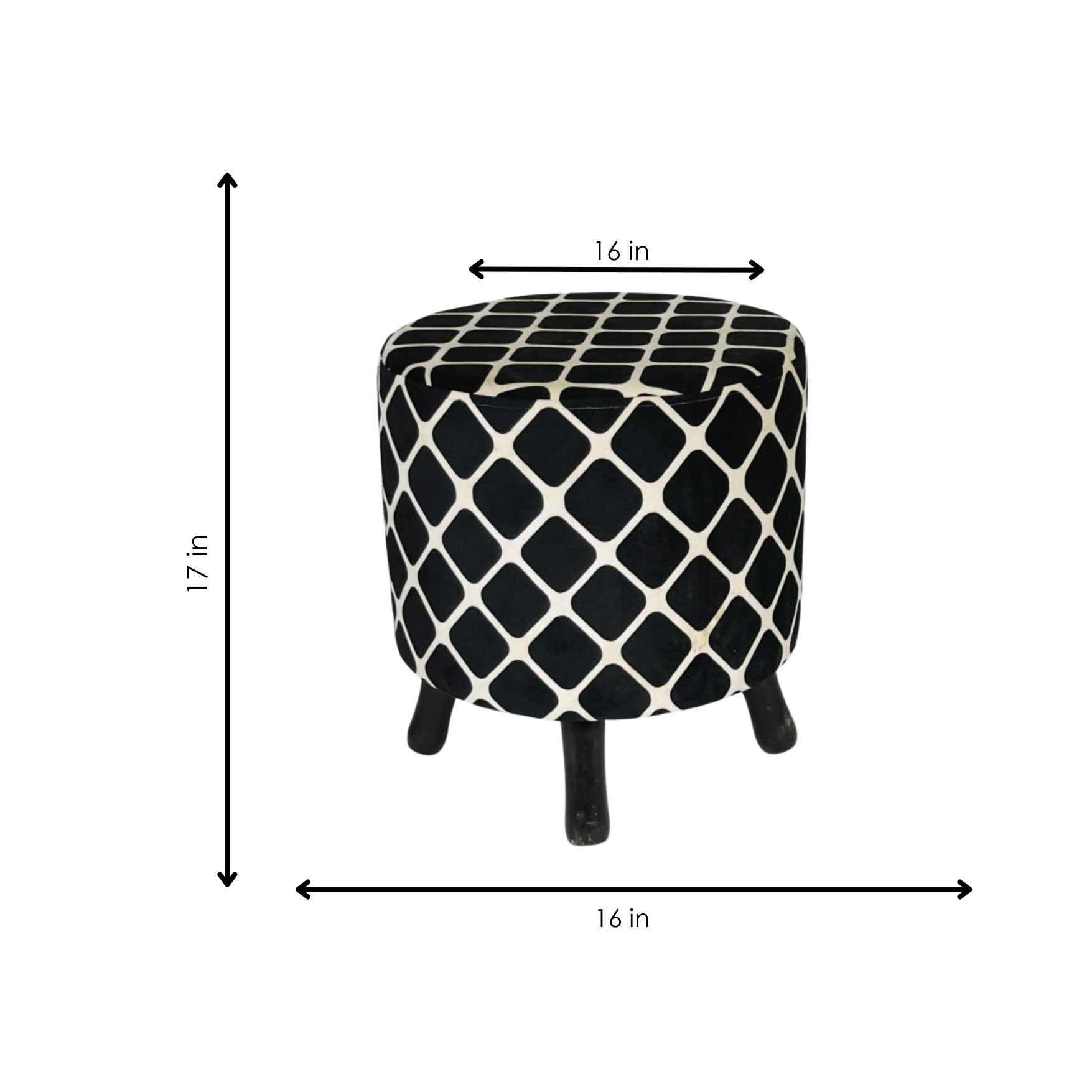 Black and white patterned stool with dimensions on a white background