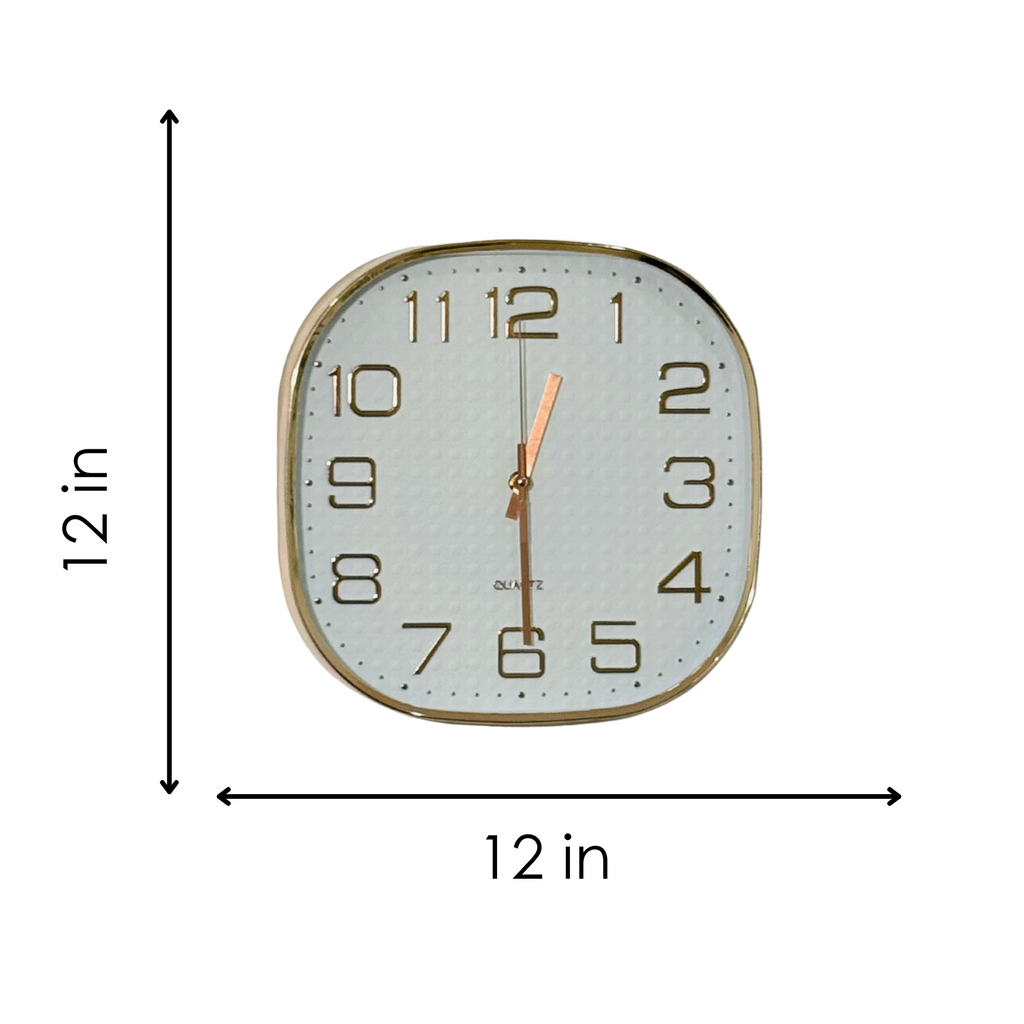 Wall clock with dimensions labeled on a white background