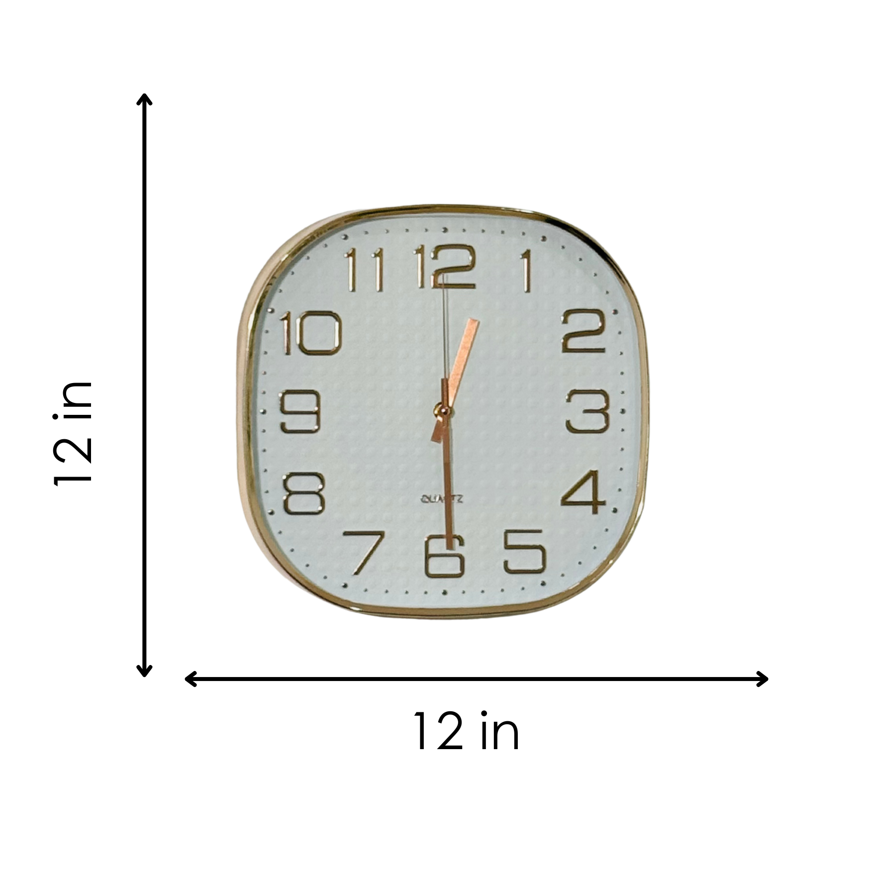 Wall clock with dimensions labeled on a white background