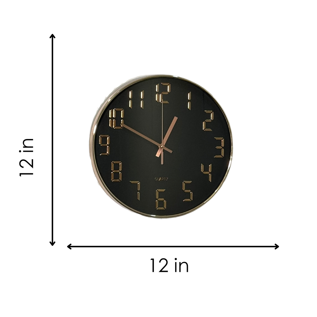 Black wall clock with gold numbers and hands, shown with dimensions on a white background.