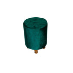 Green round ottoman with wooden legs on a white background