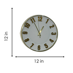 Round wall clock with gold numbers and hands, shown with dimensions on a white background.