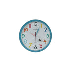 Colorful wall clock with blue frame on a white background