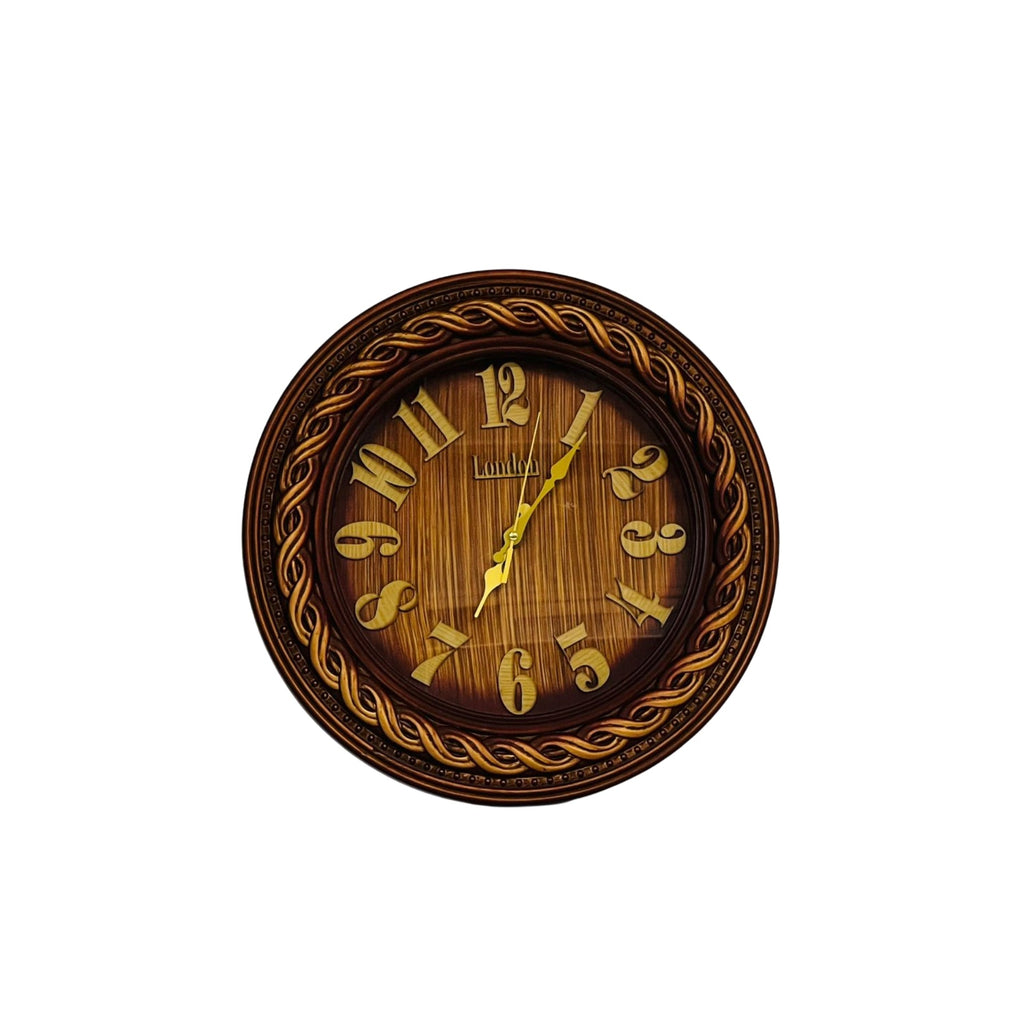 Wooden wall clock with decorative border on a white background