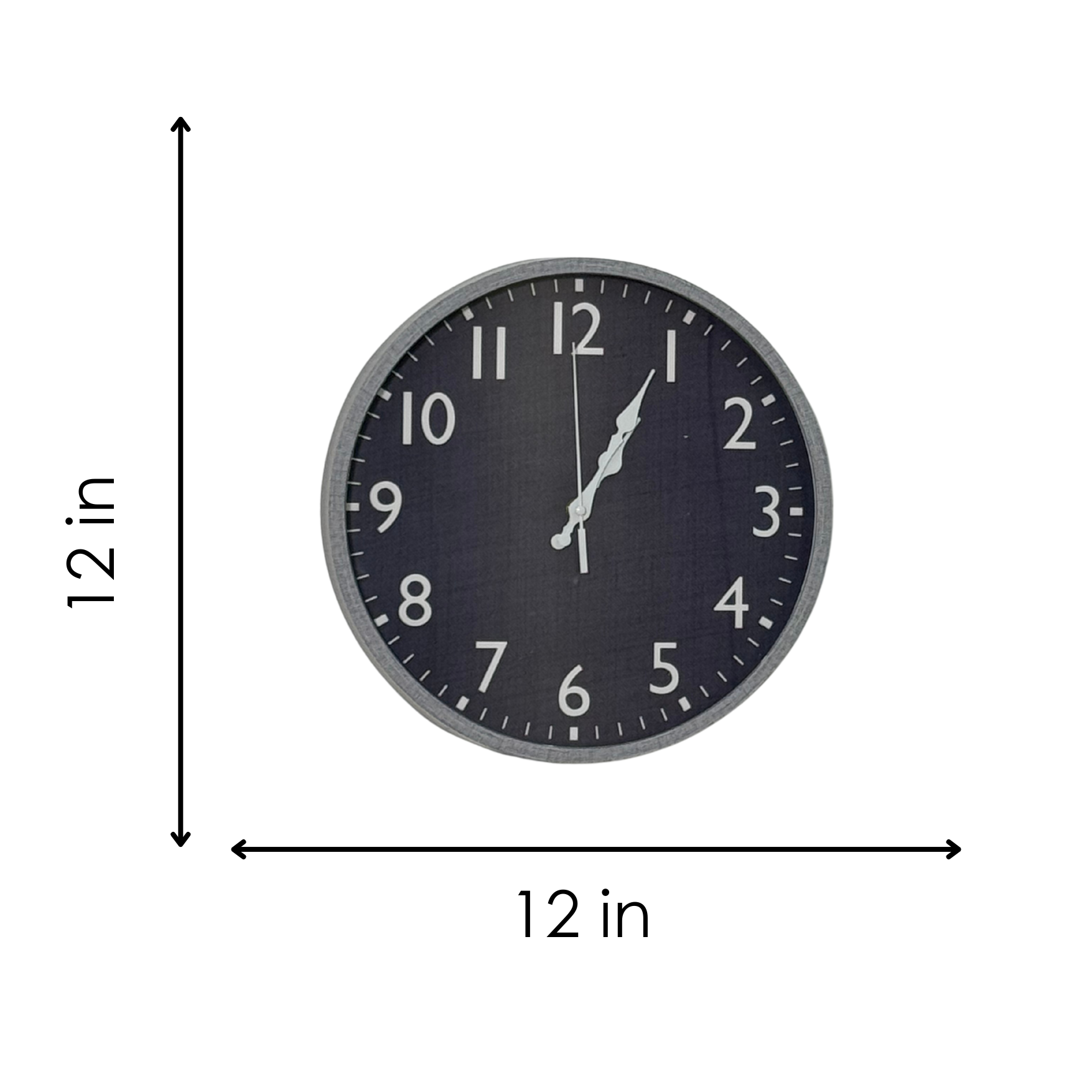 Black wall clock with measurements on a white background