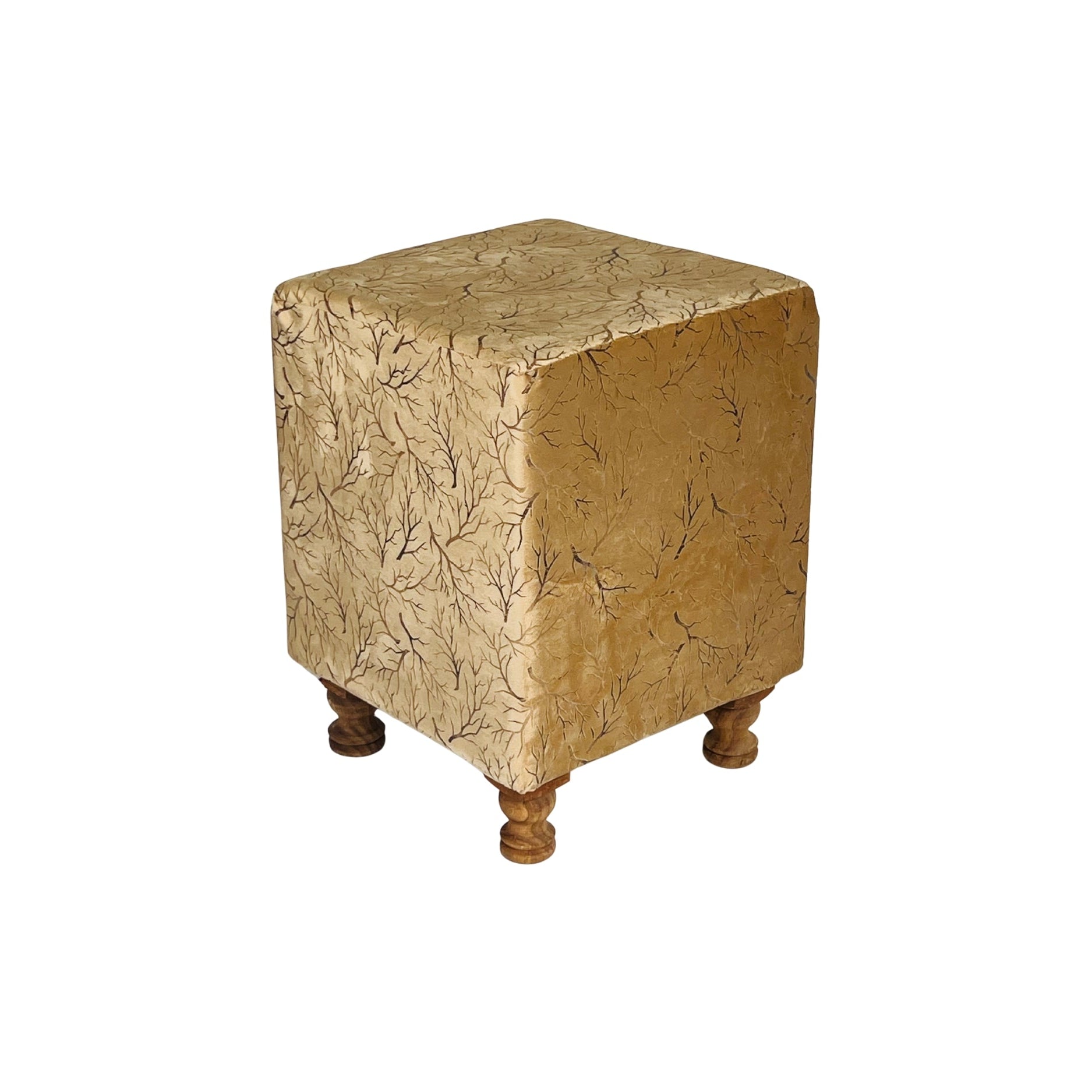 Square ottoman with textured beige cover on a white background