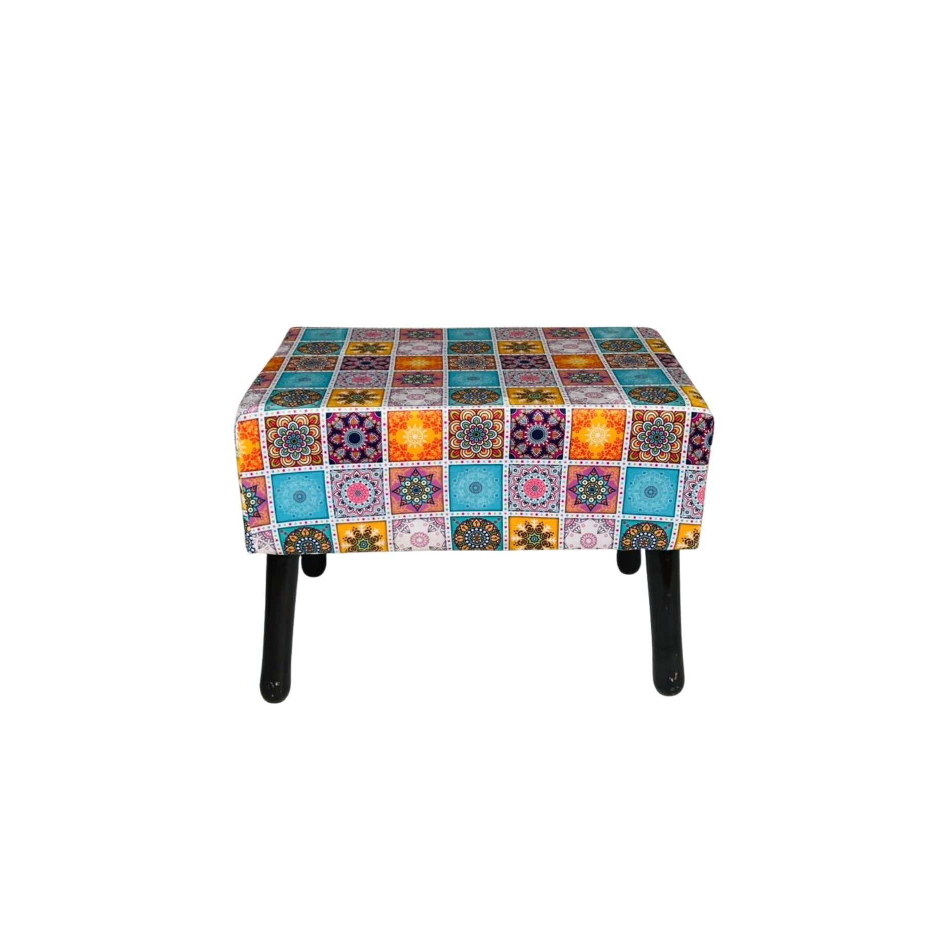 Multicolored patchwork ottoman on a white background