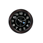 Round wall clock with black face and brown frame on a white background