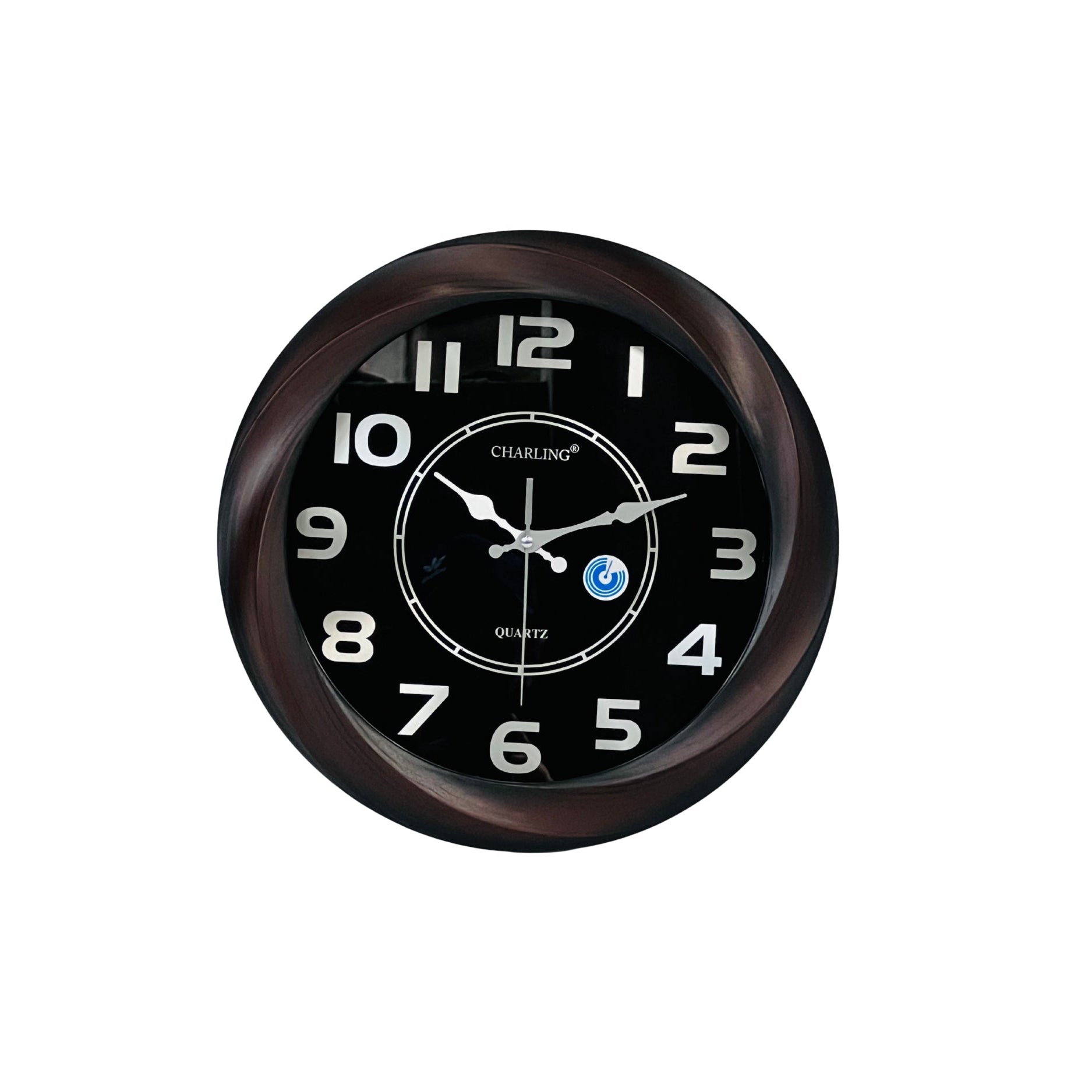 Round wall clock with black face and brown frame on a white background