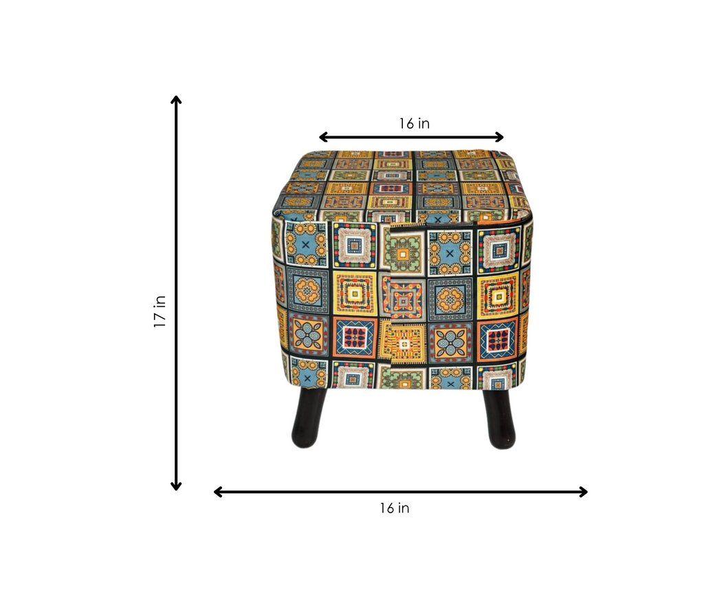 Multicolored patterned stool with dimensions on a white background