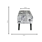 Stool with newspaper print design and dimensions on a white background