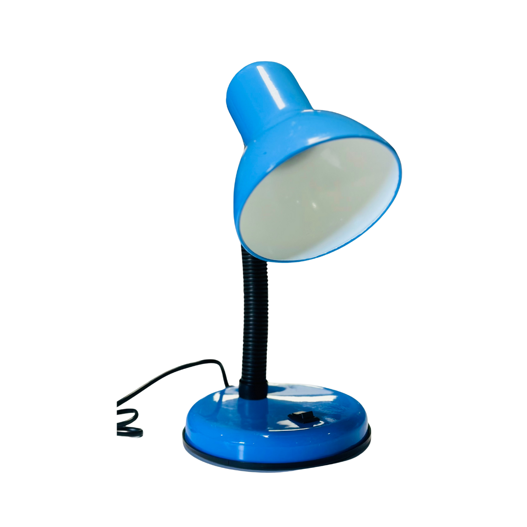 Blue desk lamp with a flexible neck on a white background
