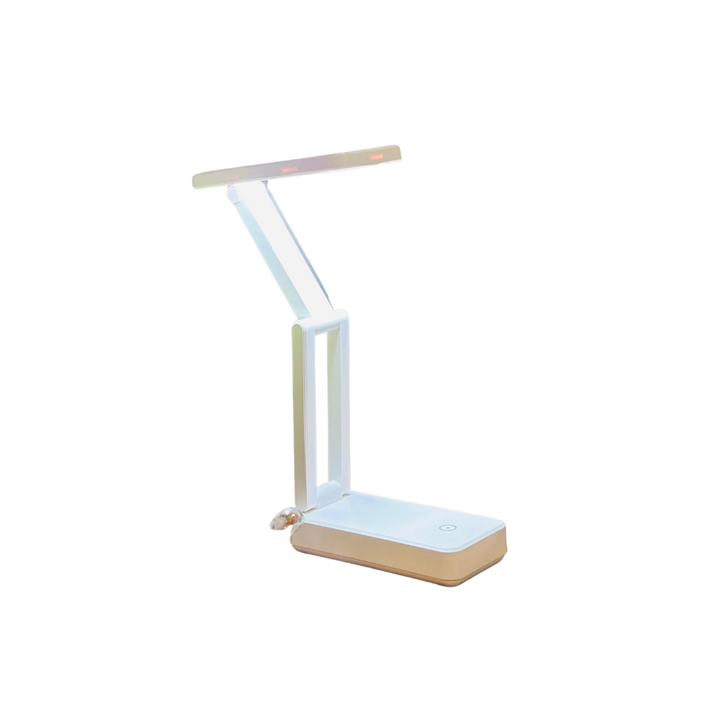 Modern desk lamp with a wooden base on a white background