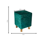 Teal cube stool with dimensions on a white background