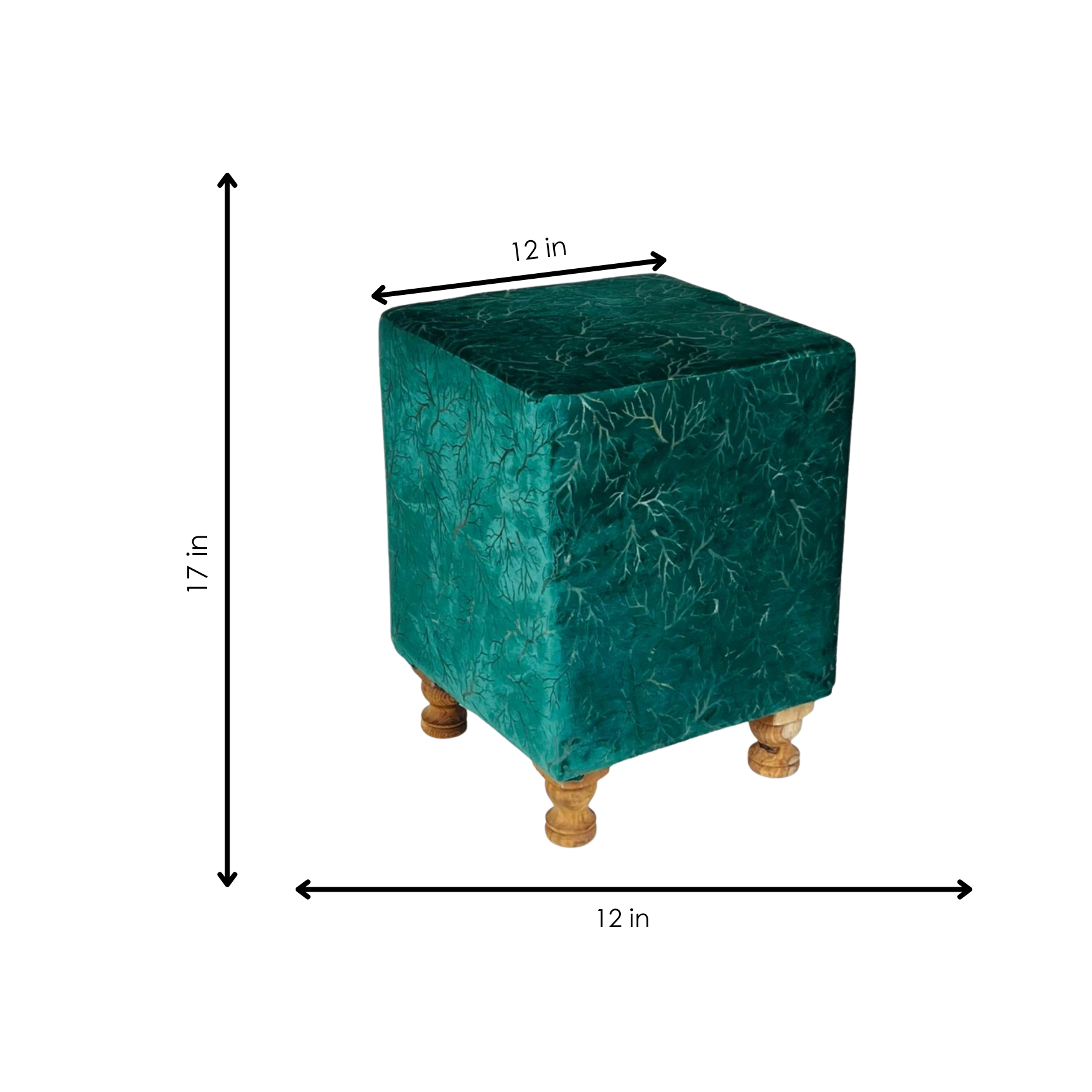 Teal cube stool with dimensions on a white background