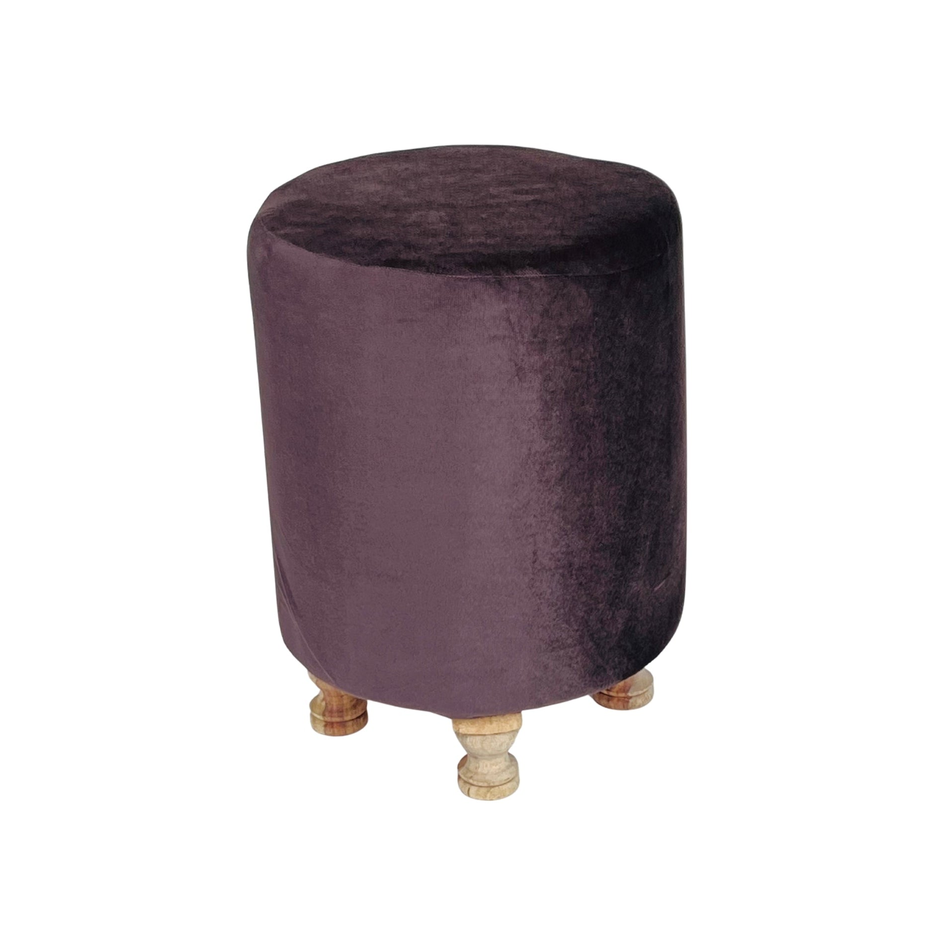 Round purple stool with wooden legs on a white background