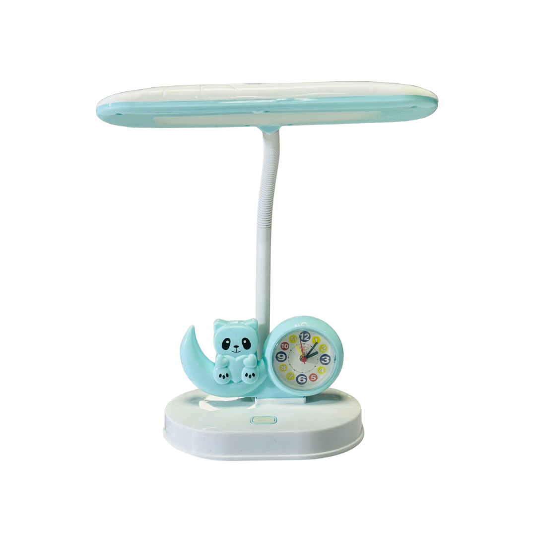 Children's desk lamp with a clock and animal design on a white background