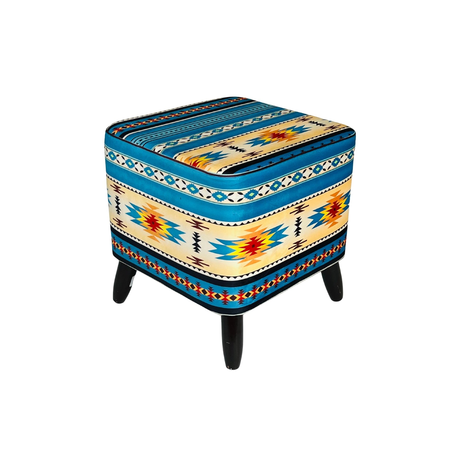 Decorative stool with a colorful pattern on a white background